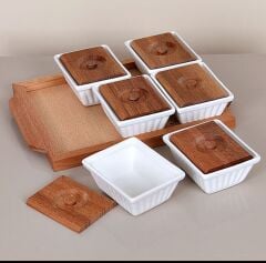 Ahşap Stand ve  Kapaklı Seramik 6lı Kahvaltılık