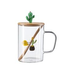 Bambu Kapaklı Cam Kupa Kaktüs Figürlü