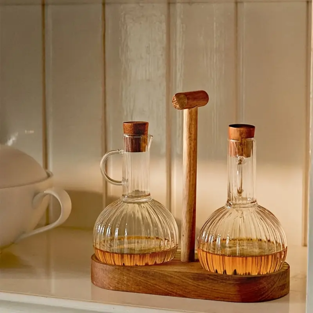 2'li Borosilikat Cam Yağlık Sirkelik Seti - Akasya Standlı