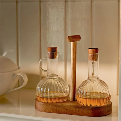 2'li Borosilikat Cam Yağlık Sirkelik Seti - Akasya Standlı