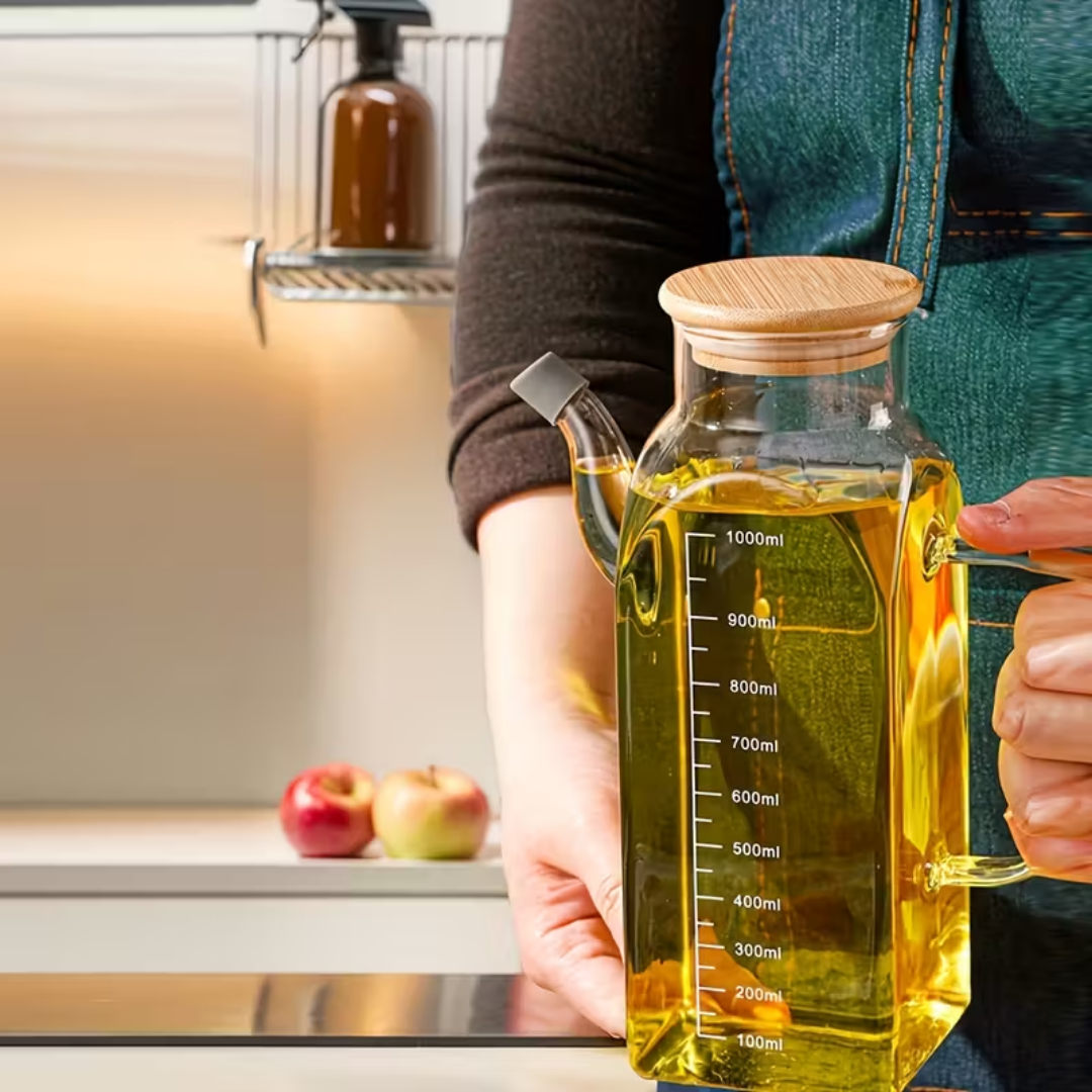 Bambu Kapaklı Borosilikat Cam 1 Litre Yağdanlık