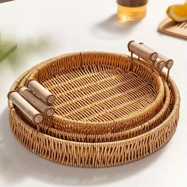Dekoratif 3'lü Rattan Tepsi Vintage Model