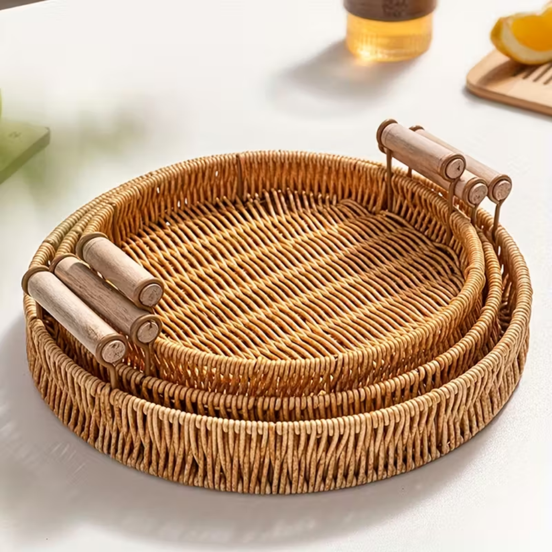 Dekoratif 3'lü Rattan Tepsi Vintage Model