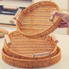 Dekoratif 3'lü Rattan Tepsi Vintage Model