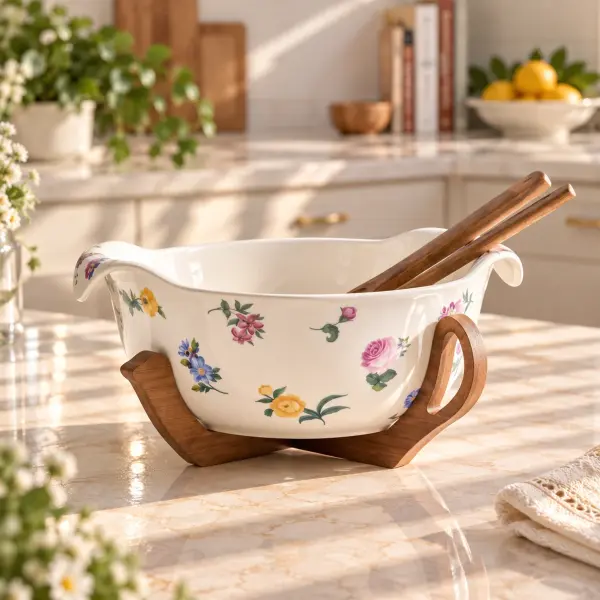 Petit Fleur Akasya Kapaklı Porselen Salata Kasesi- Kulplu