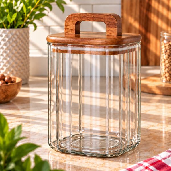 Riva Akasya Kapaklı Cam Kare Kavanoz 1100 ml