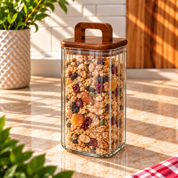 Riva Akasya Kapaklı Cam Kare Kavanoz 1500 Ml