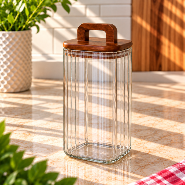 Riva Akasya Kapaklı Cam Kare Kavanoz 1500 Ml