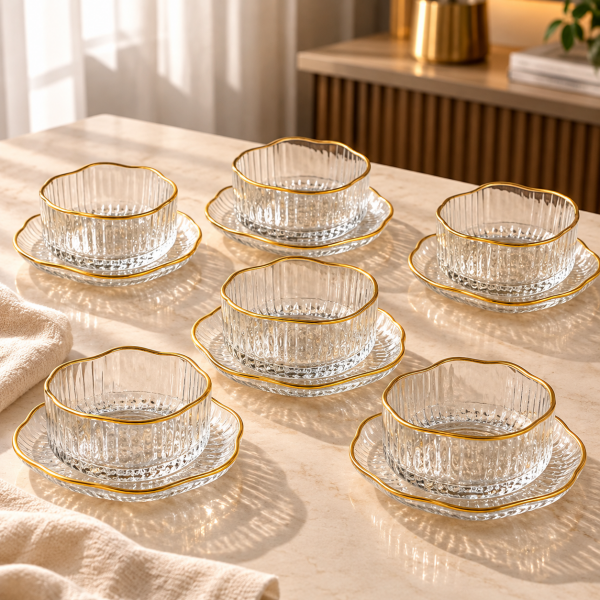 12 Parça Gold Detaylı Cam Çerez Kase Seti