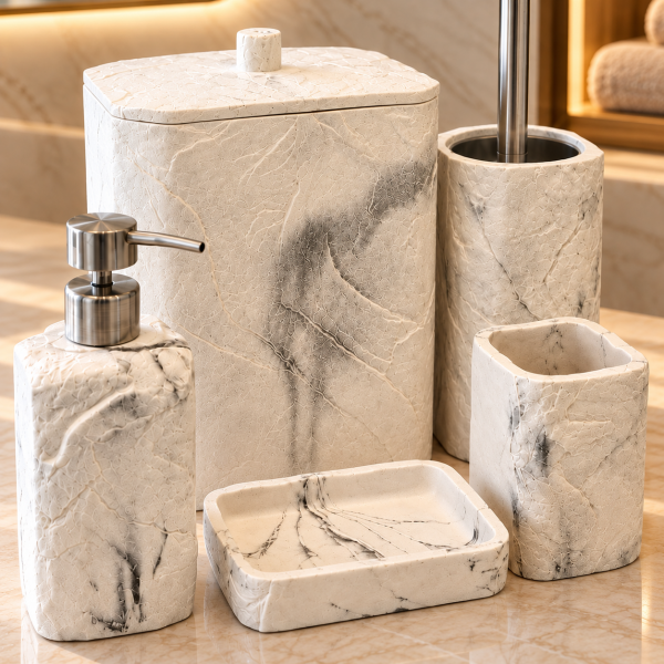 Laduree Stonea 5 Parça Beyaz Silver Mermer Banyo Seti