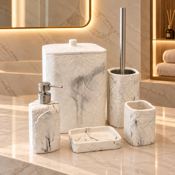 Laduree Stonea 5 Parça Beyaz Silver Mermer Banyo Seti