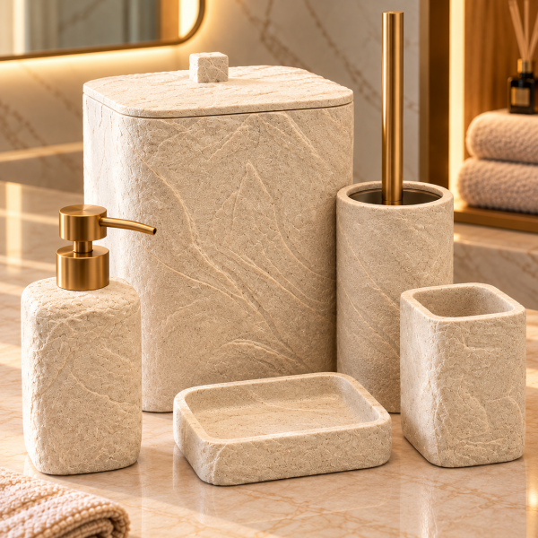 Laduree Stonea 5 Parça Bej Gold Mermer Banyo Seti