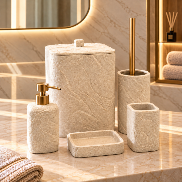 Laduree Stonea 5 Parça Bej Gold Mermer Banyo Seti
