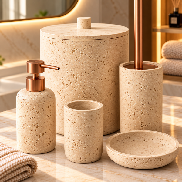 Laduree Stonea 5 Parça Bej Rose Gold Traverten Banyo Seti