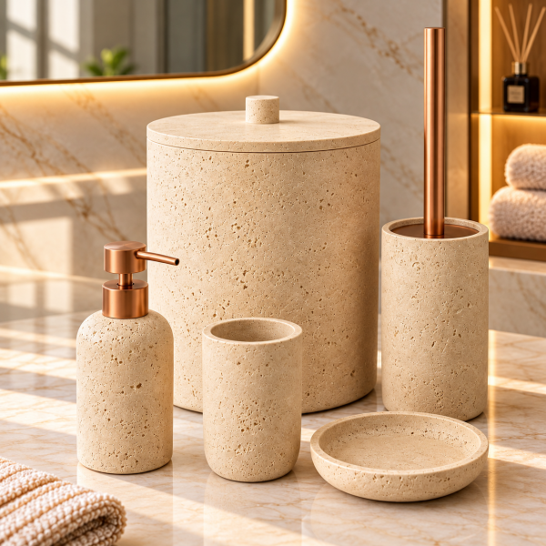 Laduree Stonea 5 Parça Bej Rose Gold Traverten Banyo Seti