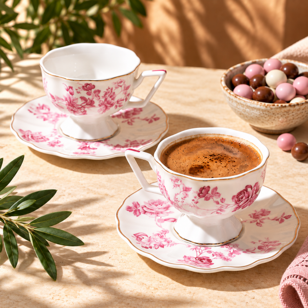 Mien 2'li Vintage Porselen Fincan Takımı - Pembe