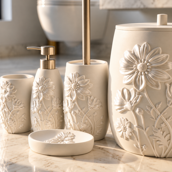 Acar Gül Desenli Banyo Seti Yuvarlak 5 Parça Beyaz