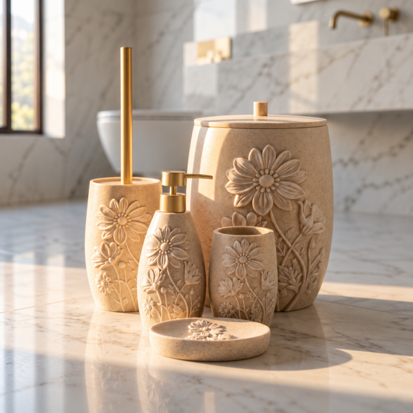 Acar Gül Desenli Banyo Seti Yuvarlak 5 Parça Bej