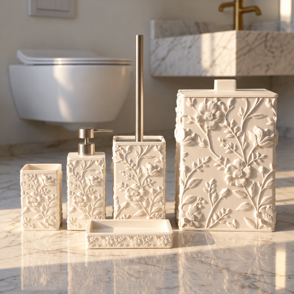 Acar Gül Desenli Banyo Seti Kare 5 Parça Beyaz