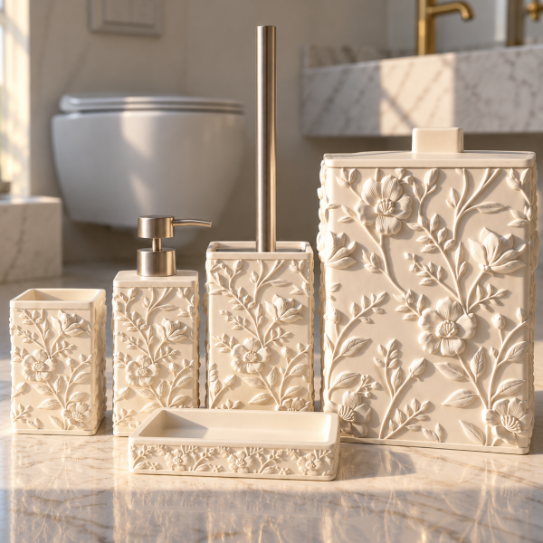 Acar Gül Desenli Banyo Seti Kare 5 Parça Beyaz