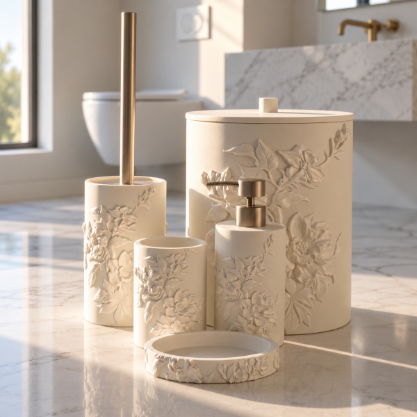 Acar Gül Desenli Banyo Seti Oval 5 Parça Beyaz
