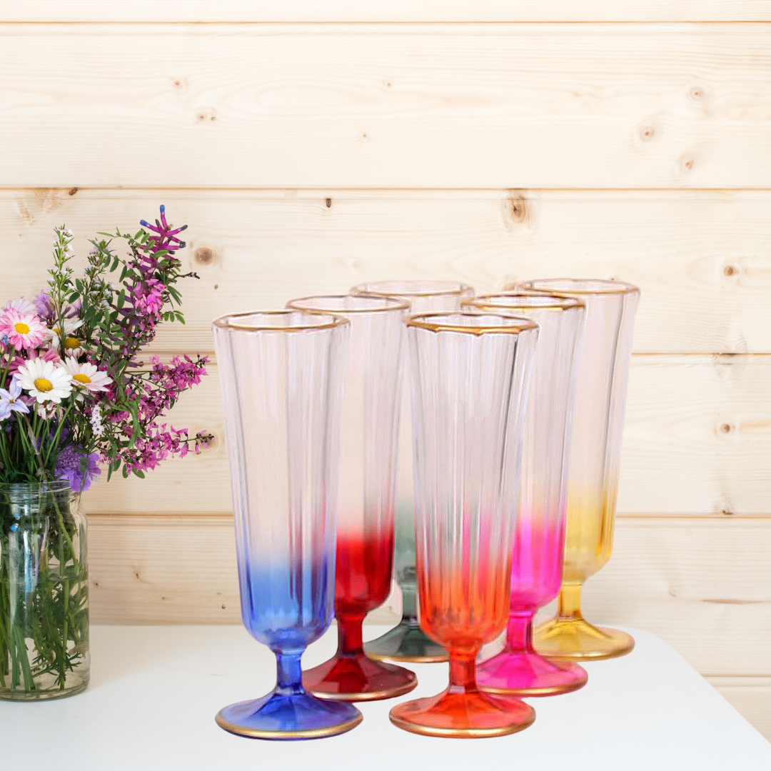 Turka Home Kahve Yanı Yarım Renkli Su Bardağı Flüt Model 6'lı Cam