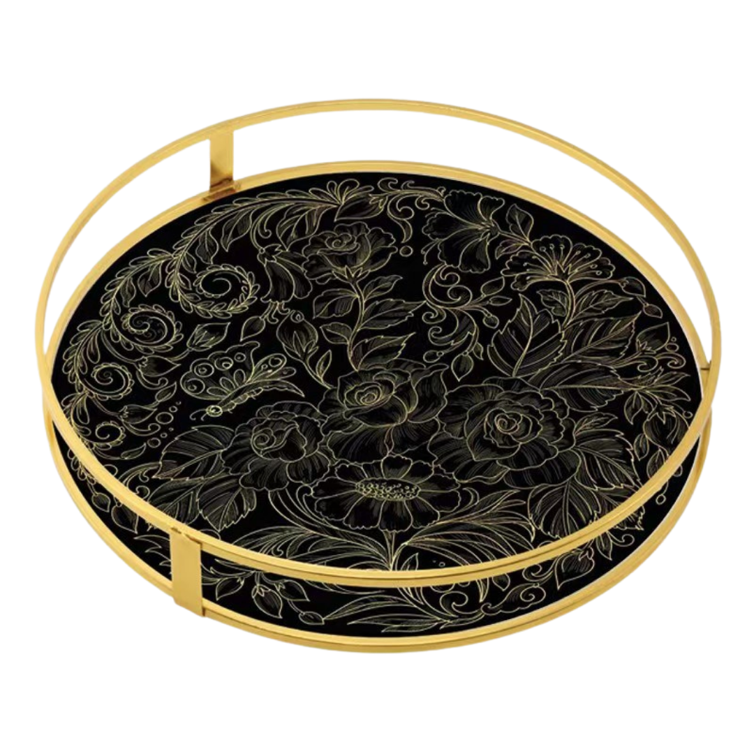 Dekoratif Gold Nişan Söz Tepsisi Metal Çiçek Desen Dekoratif Gold Nişan Söz Tepsisi Metal Çiçek Desen
