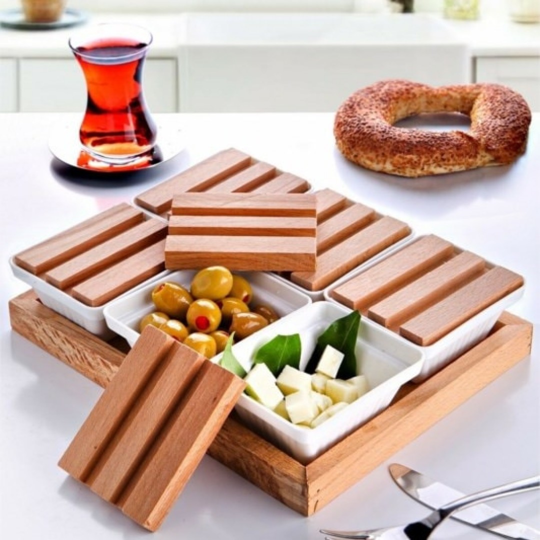 6lı Ahşap Kapaklı Seramik Kahvaltı Takımı 6lı Ahşap Kapaklı Seramik Kahvaltı Takımı